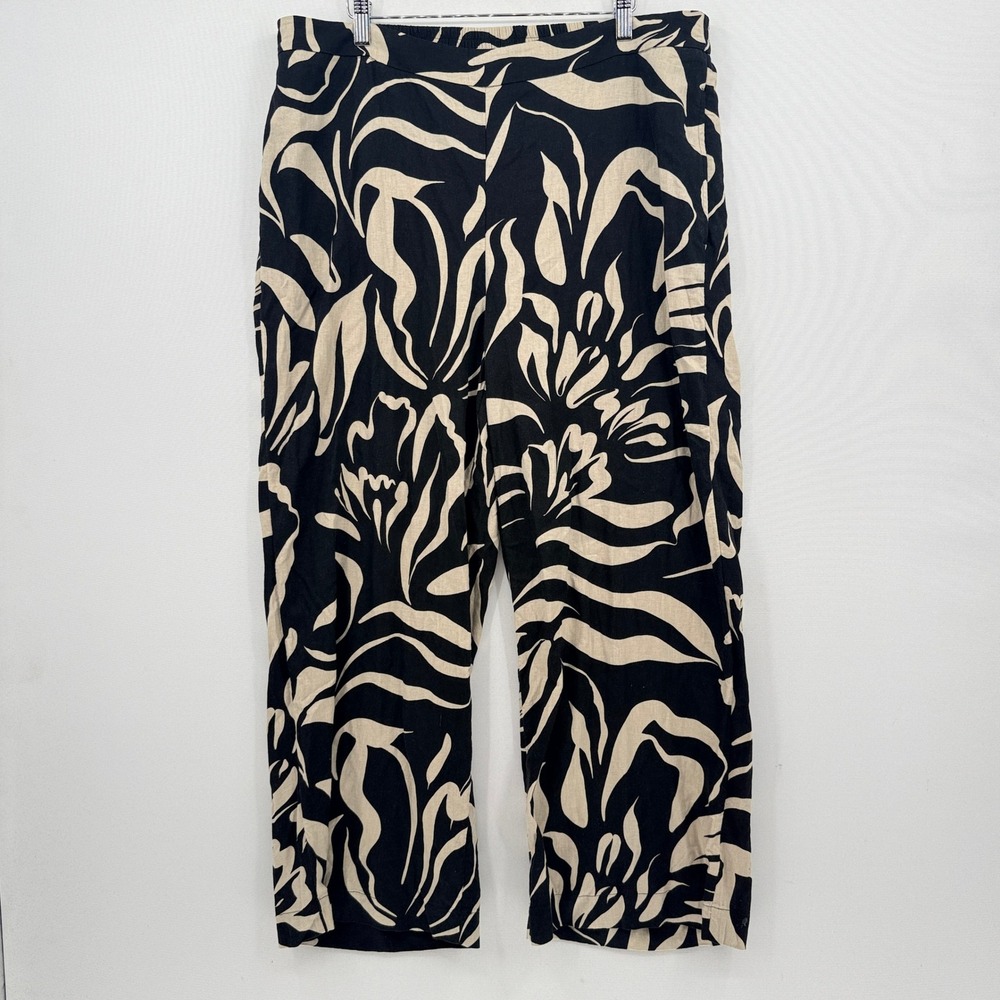 Chico's Ankle Pants Women 3 XL Black Tan Floral Leaf Print Linen Blend Tropical